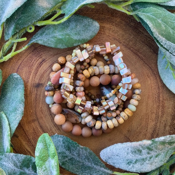 Natural Multicolored Agate, Amazonite & Unakite Gemstone Mix Bead Bracelet Stack - Picture 2 of 10